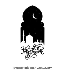 Afiche de Ramadan Kareem. Ilustración vectorial de los símbolos de la festividad islámica. Vista nocturna de la mezquita dibujada desde arco. Fondo de diseño árabe. Tarjeta de felicitación escrita a mano, invitación, etc.