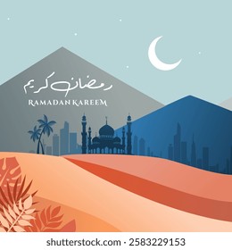 Ramadan Kareem posters, cards, holiday covers. Modern beautiful design in pastel colors with mosque, moon crescent, palm trees, mountains. Translation: Wishing you a Generous Month of Ramadan.