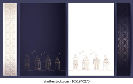 Ramadan kareem posters collection with golden pattern and lanterns.  White, blue, gold colors. Vector illustration