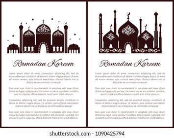 Ramadan kareem posters with headlines and text sample set, mosques decorated, crescent moon, stars above information religious set vector illustration