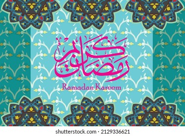 Ramadan Kareem posters or invitations in arabic calligraphy greetings with Islamic mockups and decorations, translated "happy ramadhan" you can use them for greeting cards, calendars,