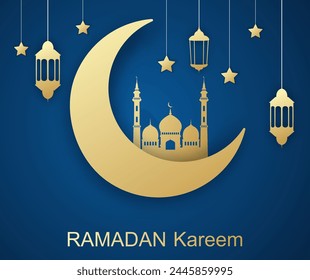 Ramadan Kareem posters or invitations design with 3d paper cut Arabic lamp, stars and moon. Vector illustration. Place for text