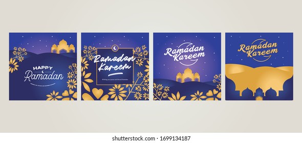 Ramadan Kareem posters or invitations social media islamic mosque, stars and moon on gold and violet background. Vector illustration.