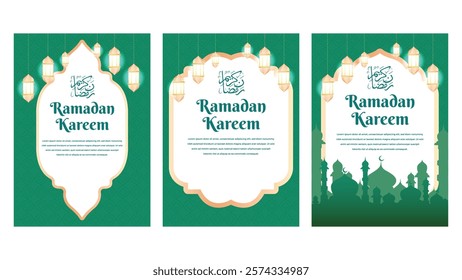 Ramadan Kareem posters set, background. Mosque dome and lanterns. Vector illustration.