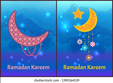 Ramadan Kareem posters set crescent moon and stars, internationally-recognized symbol of Islam decorated by ornamental trinket vector arabian holiday cards