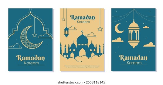 Cartazes de kareem do Ramadã. Crescente, lanterna e estrelas, silhueta da mesquita. Feriado e festival islâmico. Religião e cultura árabe. Panfletos e livretos. Coleção de vetores simples