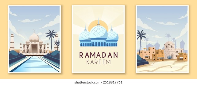 Ramadan kareem posters set. Traditional islamic postcards. Belief, faith and religion. East asian culture and traditions. Arabic holiday. Flat vector collection isolated on yellow background