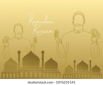Ramadan Kareem with prayer and mosque. Gold theme color. Vector illustration.