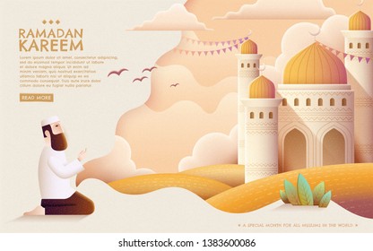 Ramadan Kareem prayer and mosque in hand drawn style