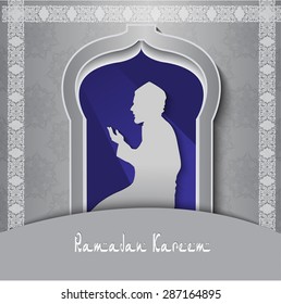 Ramadan Kareem. Praying Muslim men against the window. Vector illustration.