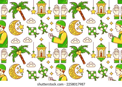 Ramadan kareem. Praying people, coconut trees, drums, teapots, lamps, mosques, and moon patterns