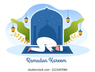 Ramadan Kareem with Praying Person Character in Flat Background Vector Illustration for Religious Holiday Islamic Eid Fitr or Adha Festival Banner or Poster