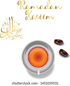 Ramadan Kareem with premium dates and a cup of tea . Arabic design background. Handwritten greeting card. Vector illustration 