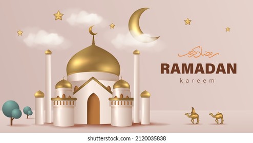 Ramadan Kareem Premium Design with Realistic Mosque Vector Illustration