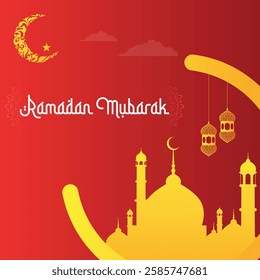 Ramadan kareem premium red illustration with luxury design. red gradient background with star and moon. Islamic light design with golden design