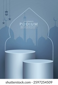 Ramadan kareem product mockup design vector in an isolated background. Product cylinder art. Realistic Eid Mubarak 3D render product sale podium design with luxury half moon, star, pearl, and mosque. 