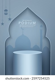 Ramadan kareem product mockup design vector in an isolated background. Product cylinder art. Realistic Eid Mubarak 3D render product sale podium design with luxury half moon, star, pearl, and mosque. 