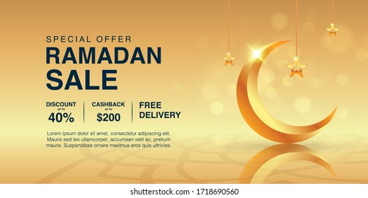 Ramadan Kareem promotional banner background template vector design Decorated With 3d Realistic arabic lantern and clound. Islamic eid mubarak special sale 