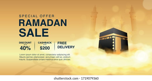 Ramadan Kareem promotional banner background template vector design Decorated With 3d Realistic ka'ba and clound. Islamic eid mubarak special sale 