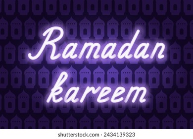 Ramadan Kareem. Purple neon lettering. Glowing holiday text. Color vector illustration. Background of purple lanterns. Congratulations on Ramadan. Idea for web design.