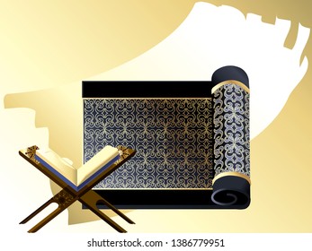 Ramadan kareem with Quran in the mosque - open for prayers.Prayer Mat - golden blue.Islamic Holy Month.Vector for design flyer, invitation, card, poster.