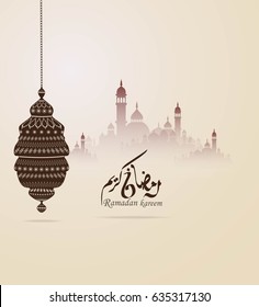  Ramadan kareem and Ramadane mubarak. Mosque and lanterne and arabic islamic calligraphy.traditional greeting card wishes holy month moubarak and karim for muslim and arabic