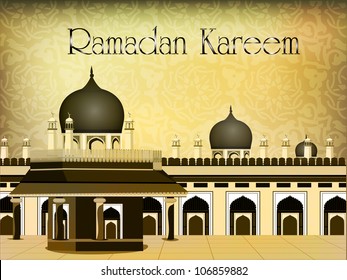 Ramadan Kareem oder Ramazan Kareem Hintergrund mit Moschee oder Masjid-Abbildung auf . EPS10.
