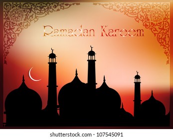 Ramadan Kareem or Ramazan Kareem background with Mosque or Masjid and moon. EPS 10.