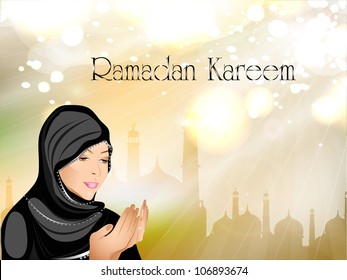 Ramadan Kareem or Ramazan Kareem background with Muslim girl in hijab reading Namaz and Mosque or Masjid illustration. EPS 10.