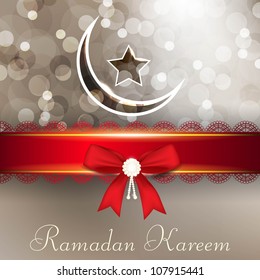 Ramadan Kareem or Ramazan Kareem background with red ribbon, moon and star. EPS 10.