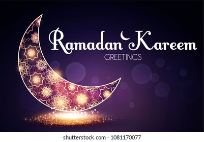 Ramadan Kareem or Ramazan Mubarak Greeting Card Template. Filigree Crescent Moon with Bokeh Effect. Holy Month. Islamic and Muslim Holiday Design. Vector illustration