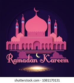 Ramadan Kareem or Ramazan Mubarak Greeting Card Template. Mosque with Minarettes. Holy Mounth. Islamic and Muslim Holiday Design. Paper Art Background. Vector illustration