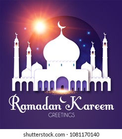 Ramadan Kareem or Ramazan Mubarak Greeting Card Template. Mosque with Minarettes. Holy Mounth. Islamic and Muslim Holiday Design. Paper Art Background. Vector illustration