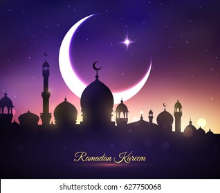 Ramadan Kareem or Ramazan Mubarak greeting card with mosque minarets, crescent moon and twinkling star in blue night sky. Vector design for Islamic or Muslim traditional religious holiday celebration