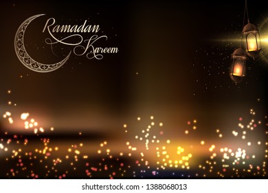 Ramadan Kareem ramazan mubarak Islamic Vector cover background eps with golden gold  bokeh bling bling background  cover lalten golden moon design