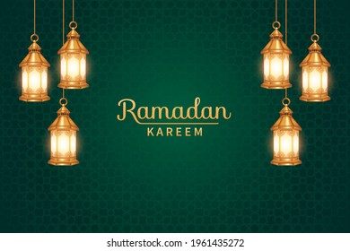 Ramadan kareem with realistic 3d lantern decorations. Islamic background suitable for Ramadan, Eid al Adha, Eid al Fitr.