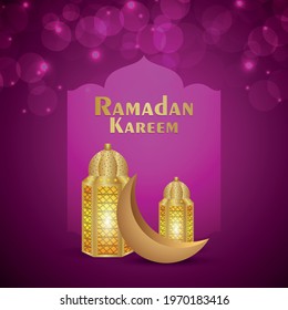 Ramadan kareem realistic vector illustration with golden lantern