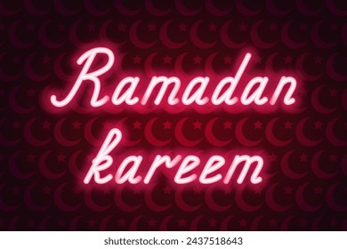 Ramadan Kareem. Red neon lettering. Glowing holiday text. Color vector illustration. Red background from the moon and stars. Congratulations on Ramadan. Idea for web design.