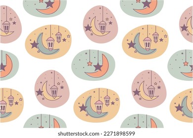 Ramadan Kareem regular pattern icon of lantern, moon, stars.Seamless on white background.