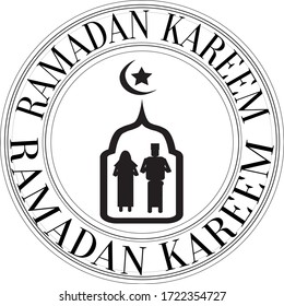 Ramadan Kareem rubber stamp and sticker with silhouette of man and woman praying and mosque symbol