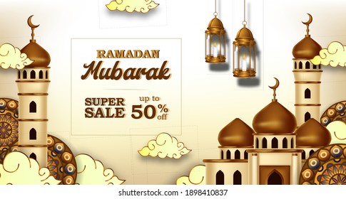 Ramadan kareem sale banner with 3d luxury golden mosque illustration and lantern fanoos with light color background