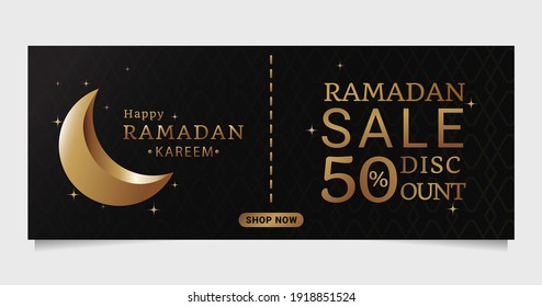 Ramadan Kareem Sale Banner with 3d month Illustration ornament on black Background.