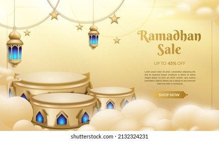 Ramadan kareem sale banner with golden color. Vector illustration.  islamic lanterns, 3d podium, cloud vector, and a place to write text