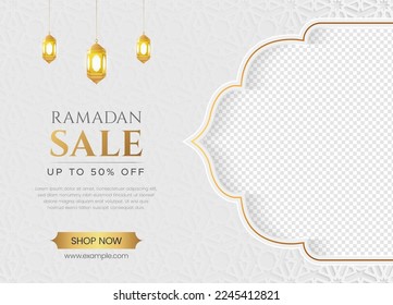 Ramadan Kareem Sale Banner Islamic Ornament Lantern Background, Ramadan sale social media post with empty space for photo