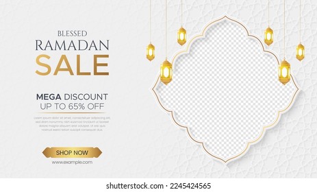 Ramadan Kareem Sale Banner Islamic Ornament Lantern Background, Ramadan sale social media post with empty space for photo