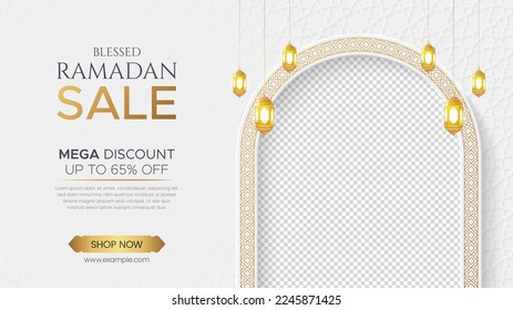 Ramadan Kareem Sale Banner Islamic Ornament Lantern Background, Ramadan sale social media post with empty space for photo