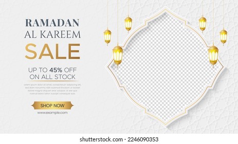 Ramadan Kareem Sale Banner Islamic Ornament Lantern Background, Ramadan sale social media post with empty space for photo