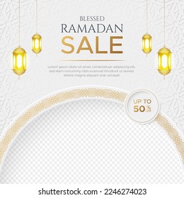 Ramadan Kareem Sale Banner Islamic Ornament Lantern Background, Ramadan sale social media post with empty space for photo