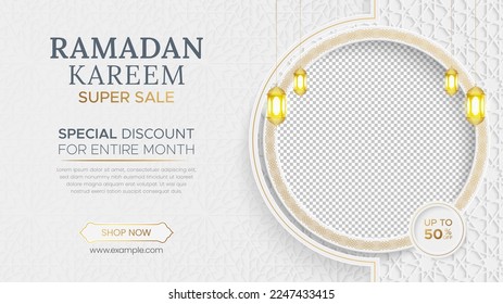 Ramadan Kareem Sale Banner Islamic Ornament Lantern Background, Ramadan sale social media post with empty space for photo