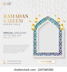 Ramadan Kareem Sale Banner Islamic Ornament Lantern Background, Ramadan sale social media post with empty space for photo